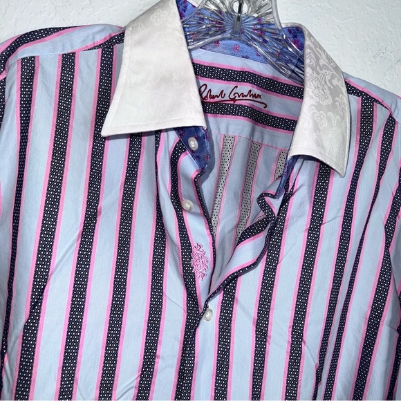 Robert Graham Shirt Mens 43 17 XL Blue Pink Striped Flip Cuff Button Up - Picture 3 of 9